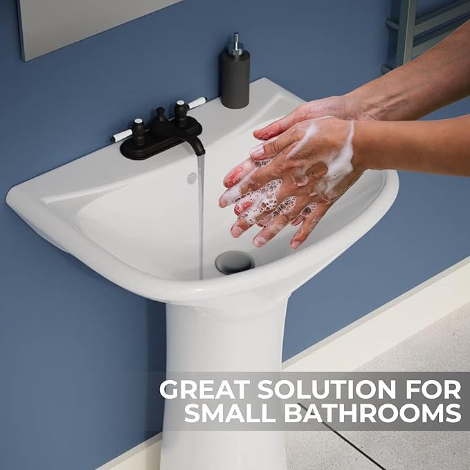 Small Bathroom Pedestal Sink White With Overflow Centerset Faucet Holes Grade A Vitreous China 33 Inch Tall x 16 Inch Wide x 14 Inch Projection Space Saving Ondine Design Renovator's Supply