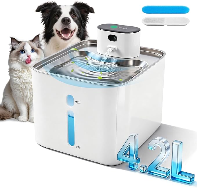 Cat Water Fountain Automatic Stainless Steel 4.2L/148oz Cordless Filter System & Interactive Design Dog Water Bowl Dispenser for Cats & Dogs Drinking Supplies for Pet Gifts