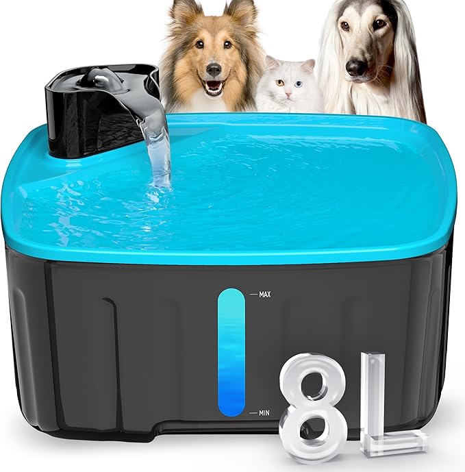 Large Dog Water Fountain - 2.1GAL/8L/270oz Bowl with Water Level Window, LED Reminder, Quiet Pump for Multiple Dogs