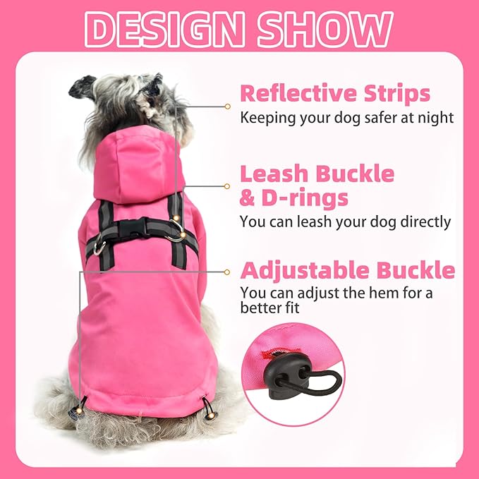 PUPTECK Dog Raincoat with Hood & Harness Built-in, Waterproof Dog Rain Jacket Slicker Poncho Reflective Vest Clothes for Rainy Snowy Winter Cold Days, Fuschia S