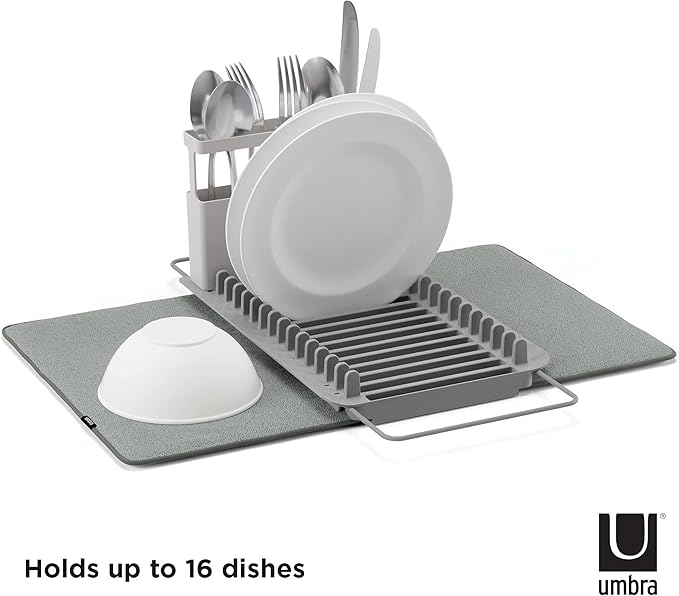 Umbra Udry Rack and Microfiber Dish Drying Mat-Space-Saving Lightweight Design Folds Up for Easy Storage, Over The Sink, Charcoal