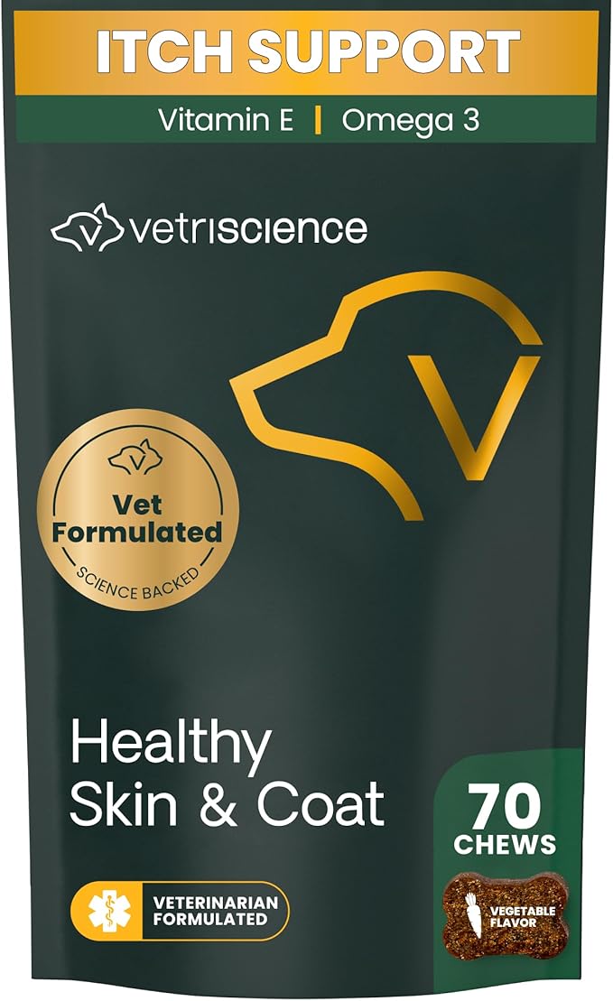 VetriScience Healthy Skin & Coat Chews, Derma Strength Omega-3 Salmon Oil Supplement for Dogs, Omega Skin and Coat Chews, Skin Health, Coat Growth, Veggie, 70 Count