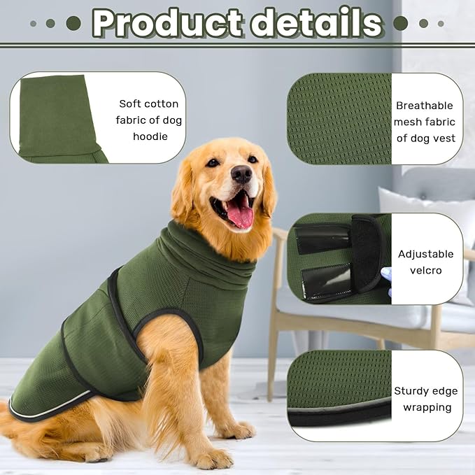 IDOMIK Dog Anxiety Calming Hoodie - Breathable Dog Anxiety Jacket Vest for Thunderstorms, Fireworks, Vet Visits, Separation - Adjustable Noise Block & Ear Protection Recovery, Green, XL