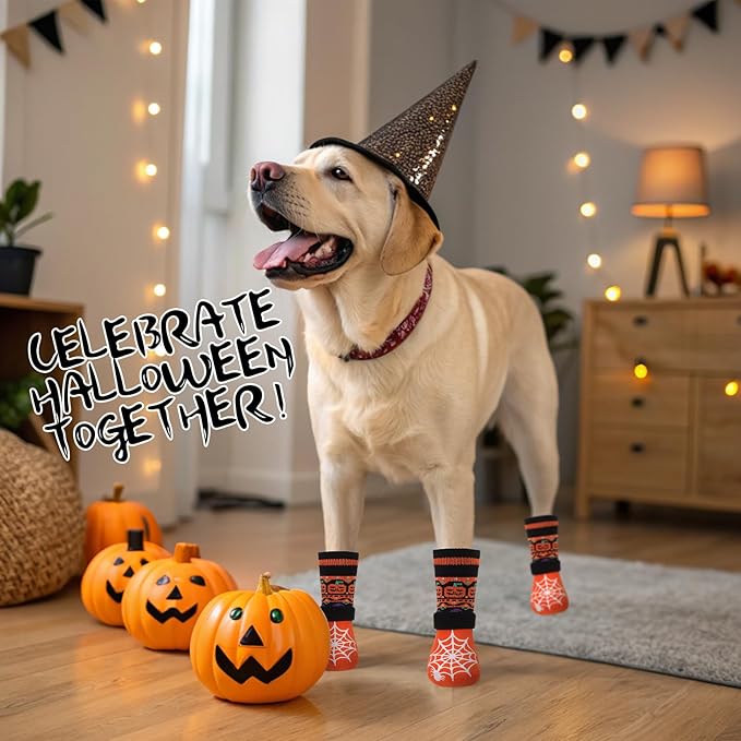 EXPAWLORER Halloween Anti Slip Dog Socks to Prevent Licking Paws, Boots & Paw Protectors with Spider Web Grippers,Doggie Booties for Hardwood Floors for Small Medium Large Senior Dogs Orange Pumpkin M