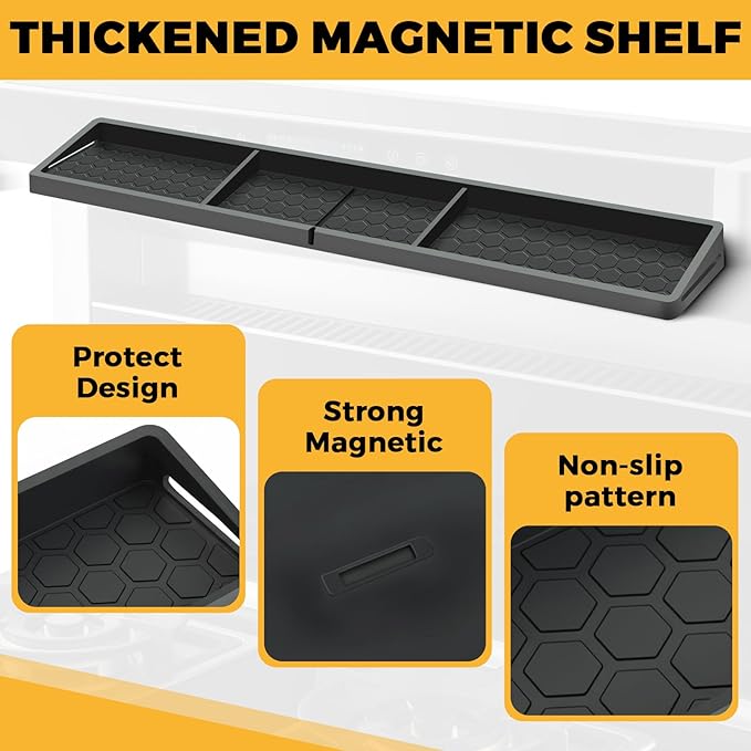 BFONS 30 Inch Silicone Magnetic Stove Top Shelf, Kitchen Shelf Over Stove Spice Rack Apartment Must Haves Kitchen Gadgets for Above Stovetop Seasoning Organization and Storage Thickened Black