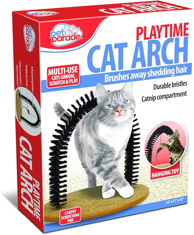 Pet Parade Self-Grooming Playtime Cat Arch - Helps Prevent Hairballs & Controls Shedding - Includes Hanging Toy, Black
