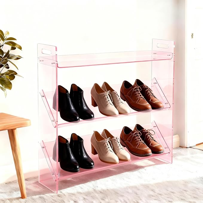 3-Tier Acrylic Shoe Rack, Shoe Organizer for Entryway Closet, Sturdy Display Shelf for Sneakers Boots, Space-Saving Storage Solution, 27.6" x 6.7" x 27.2" (Pink)