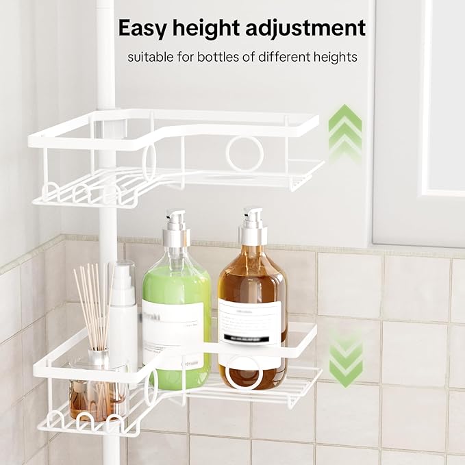 Corner Shower Caddy Tension Pole, 4 Tier Rustproof Shower Tension Rod Organizer with Soap Holder & Hooks, Adjustable 30-121 Inch Bathroom Shelf for Renters - Family Stand Storage Rack, White