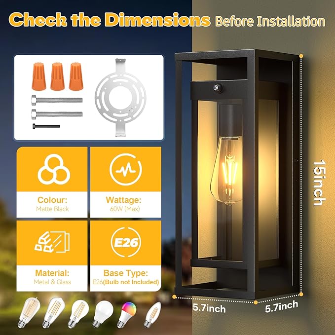 15in Dusk to Dawn Outdoor Wall Sconce-Black Modern Exterior Lighting Fixture Waterproof Porch Lights Large Outside Lantern Wall Mounted for Coach Doorway Patio E26 Base