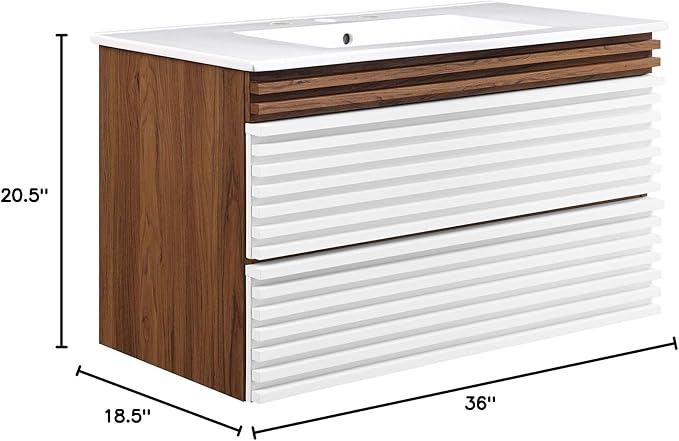 Modway Render 36" Wall-Mount Bathroom Vanity in White Walnut White
