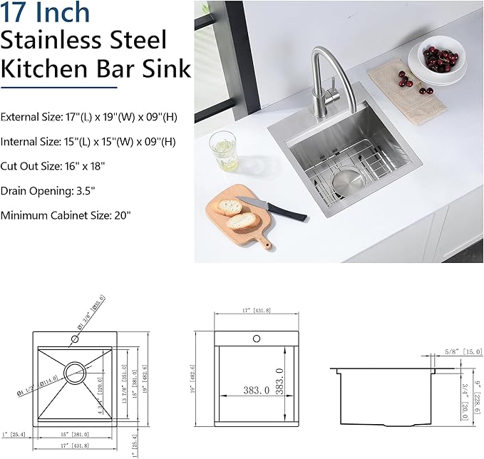 17 Stainless Steel Kitchen Bar Sink, Doirteal 17x19x9 Inch Single Bowl Drop in Workstation Kitchen Sink, Top Mount 17 Inch Small Bar Sinks Outdoor Wet Bar Prep Sinks With Accessories BL83-1