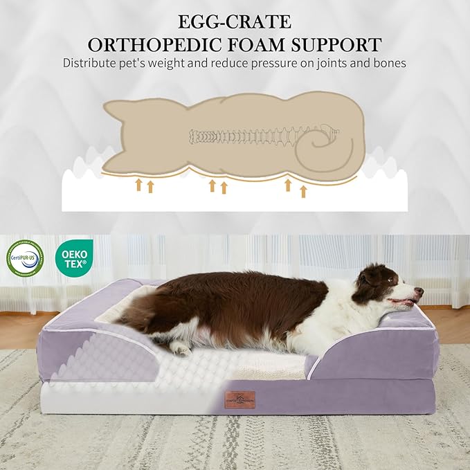 Comfort Expression Orthopedic Dog Bed for Medium Dogs 30x20 Inch, Waterproof Supportive Egg Crate Foam Medium Pet Bed with Removable Bolsters, Dog Couch with Washable Cover & Non-Slip Bottom, Purple