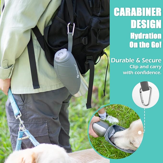 Stainless Steel Dog Travel Water Bottle — 27oz, Portable Bowl, Walking & Hiking (Grey)