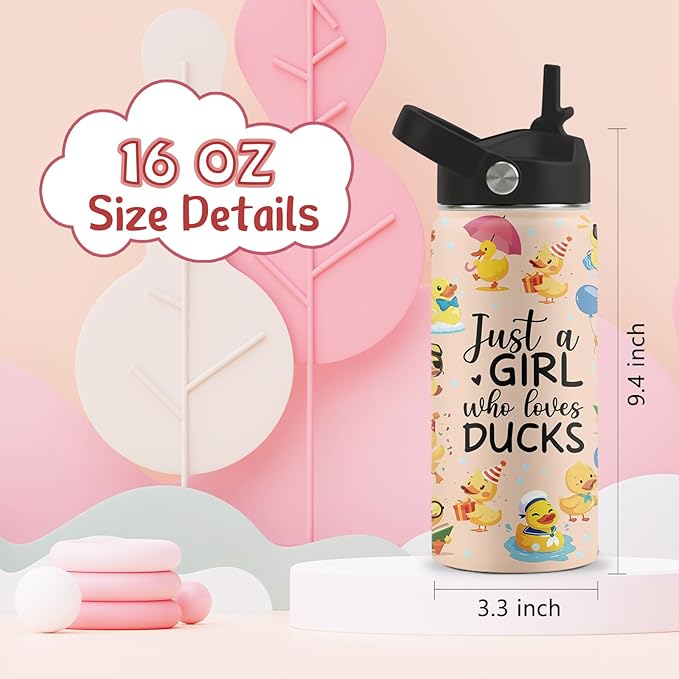 Duck Gifts, 16 oz Water Bottle with Straw Lid, Stainless Steel Insulated Water Bottle, Cute Duck Cup Gifts for Birthday Chritmas (1pcs)