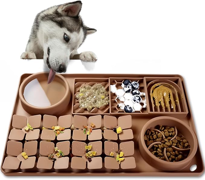 4-in-1 Silicone Snuffle Mat for Dogs, Dog Slow Feeder Bowl & Lick Mat with Suction Cups, Dog Puzzle Feeder Toy Sniff Mat for Smell Training Slow Eating Keeping Busy, Brown