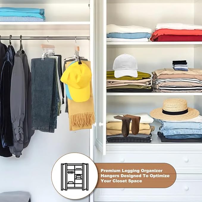 Closet Organizer with 10 Clips - Space Saving Hanging Closet Organizer, 2026 Upgraded Legging Hangers for Closet, 360° Rotating Metal Clips with Silicone Lining for Clothes (Wood, 1PC)