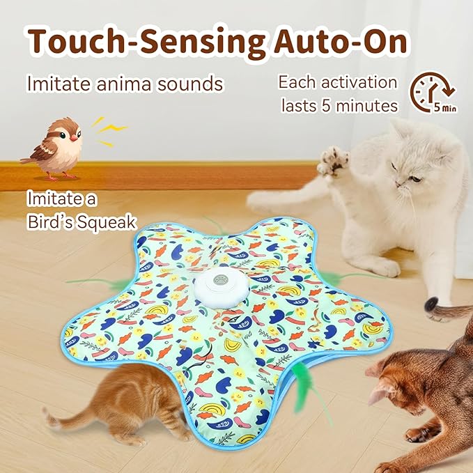 Cat Toys for Indoor Cats,Rechargeable Interactive Cat Toy with Touch-Activated Hide and Seek,Fluttering Feather and Mouse Squeaker for Bored Indoor Adult Cats Easter Gifts Green