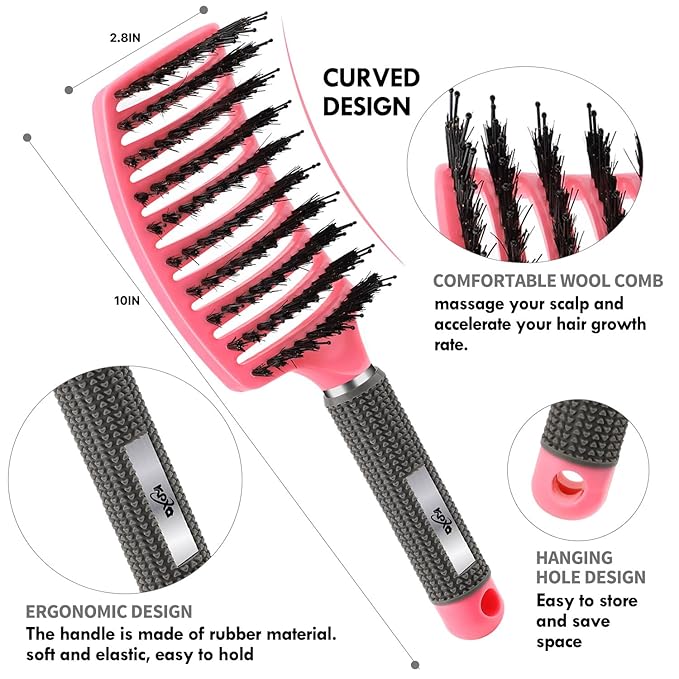 4pcs Curly Brush Set for Adult & Kids Wet or Dry Hair, Detangling Brush for 3/4ABC Hair with Wide Tooth Comb (4, Pink)