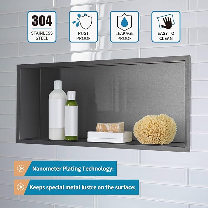 24"×12" Shower Niche Brushed Stainless Steel, Recessed Shower Caddy, Bathroom Shelf Insert Fits for 22.8"x11" Wall Hole Installation (Light Black)