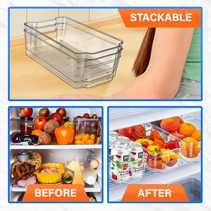 14-Piece Stackable Refrigerator Bin Organizer Set with Easy Grip Handles - Clear Multi-Purpose Storage Bins for Fridge and Pantry Use