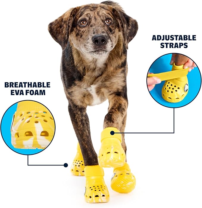 Barkbox Yellow Crocs Dog Shoes – Set of 4 Glow-in-The-Dark Dog Booties with EVA Foam, Adjustable Strap & Non-Slip Sole – Comfortable Paw Protection for Large Breeds (51-80 lbs)