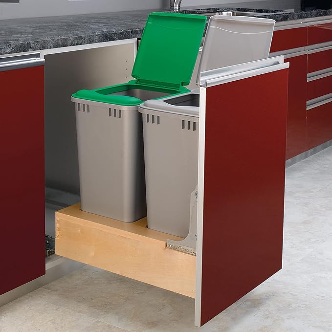 Rev-A-Shelf Double 50-Quart Pullout Under Cabinet Trash Cans with Soft Open & Close Slide System, Metallic Silver, Maple Wood Bottom 4WCBM-2150DM-2