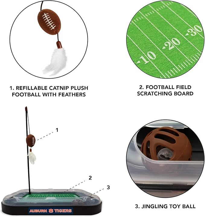 Pets First NCAA Auburn Tigers Reversible Football Field CAT Scratcher Toy with Catnip Filled Plush Football Toy&Feather Cat Toy Hanging with Jingle Bell Interactive Ball Cat Chasing 6-in-1 Kitty Toy