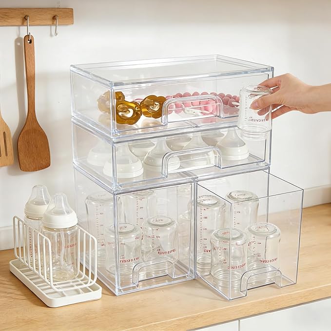 Baby Bottle Organizer, 4 Pack Clear Space-Saving Stackable Drawer with Handle, Baby Bottle Storage Organizer for Countertop and Cabinet