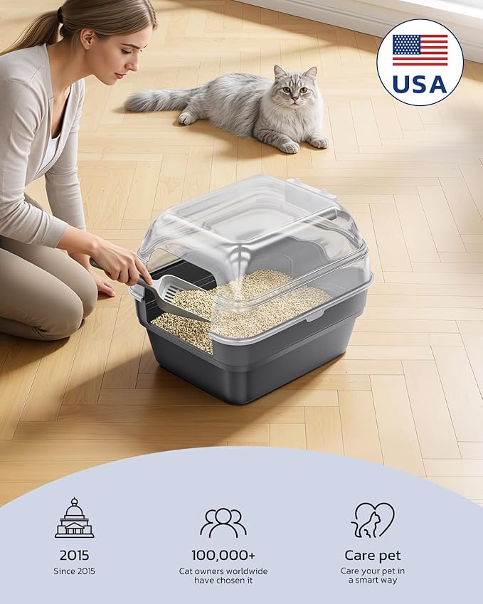 Large Cat Litter Box with Transparent Lid, Foldable Hooded Litter Box with Front Door Flap for Privacy, Easy Clean Non-Sticky Litter Box with Intelligent Deodorizing, (21.6" L x 17.8" W x 17.3" H)