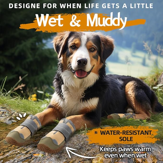 Dog Shoes for Large Dogs, Medium Dog Boots & Paw Protectors for Hardwood Floors, Outdoor Dog Booties for Hot Pavement Winter Snow Hiking, Waterproof Dog Shoes with Reflective Strips Size 4