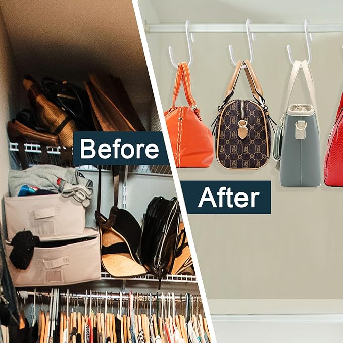 HiGift 12 Pack Purse Hanger for Closet, Unique Twist Design White Vinyl Coated Bag Hooks Organizer hanging, Large Closet Hooks Purse Organizer Holder for Hanging Purses,Handbag,Belt,Hat,Backpack,Jeans