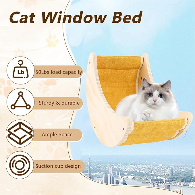 Window Cat Bed, Suction Cup Cat Window Perch for Large Cats, Moon Shelves Cat Hammock for Window, Wall Mounted Solid Wood Cat Bed for Sleep Watch Birds Sunbathing, Holds 50 Pounds