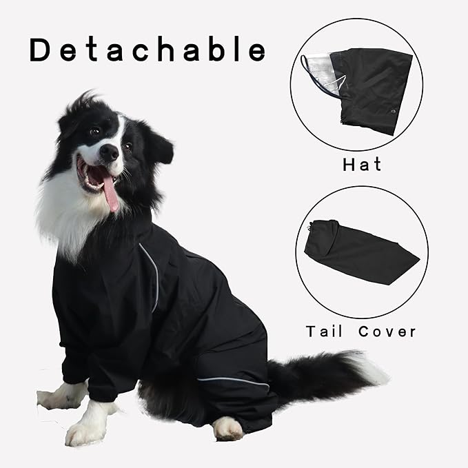 Dog Raincoat for Medium Large Dogs,rain Jacket Coat, Full Leg Coverage Waterproof Rain Suit with Detachable Hood & Tail, Reflective Strips, Snag-Free Top Zipper (Black for Girl, XX-Large)