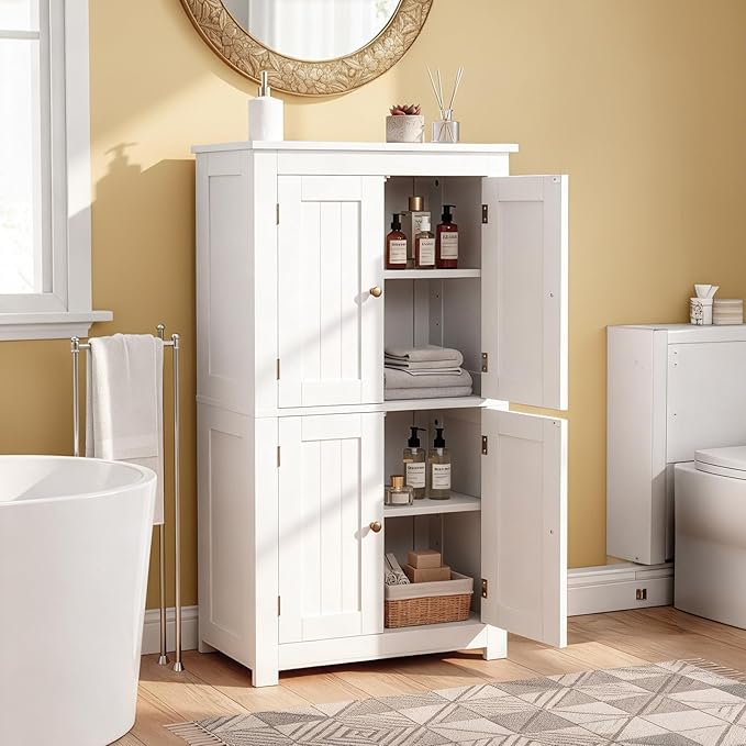 Karl home White Floor Storage Cabinet, Freestanding Storage Unit with 4 Doors, Thin Toilet Organizer for Small Spaces，for Entryway, Bathroom