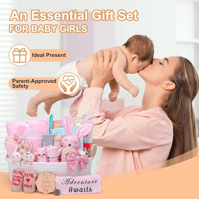 27-Piece Baby Girl Shower Gift Basket Set - Newborn Essentials, Large Pink Gift Basket With Rattle, Swaddle, Diaper Caddy Organizer