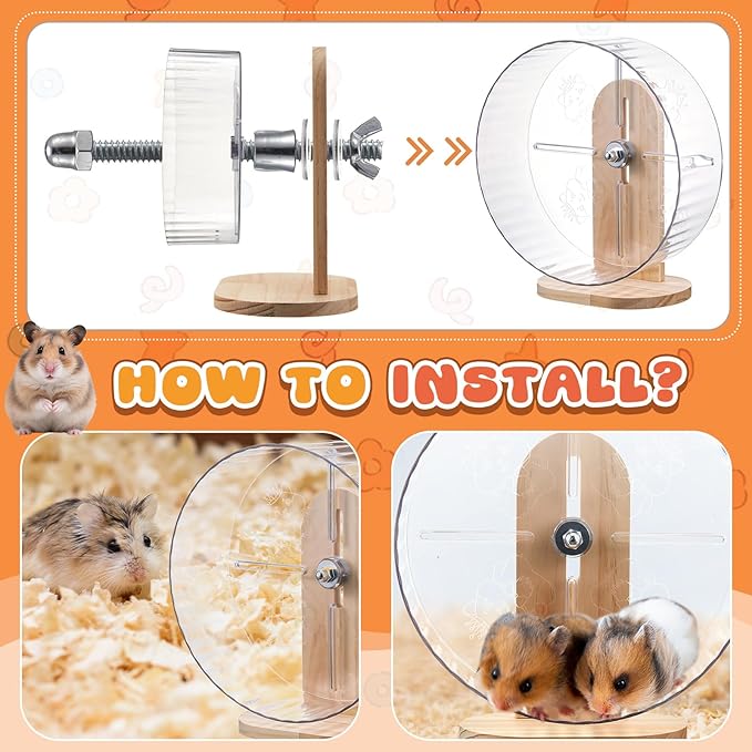 18 Pcs Hamster Cage Accessories, Silent Hamster Wheel, Chew Toys Set, Maze Wood House and Water Bottle Set for Rat Mice Small Animals Habitat (Natural Log Style)