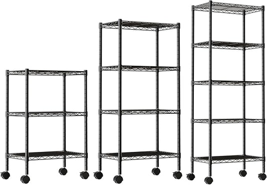 DUMOS 2 Pack 3Tier 4Tier 5 Tier Metal Shelving, Heavy Duty Shelves Wire Shelving Unit with Removable Wheel Casters, Shelves Organizer for Bathroom Garage Living Room Kitchen Pantry Laundry
