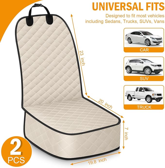 Dog Car Seat Covers Waterproof, Scratch-Proof Pet Front Cover for Cars, Nonslip Pet Passenger Seat Cover Protector, Universal Fit for Cars Trucks SUVs, Medium, Beige, 2 Packs