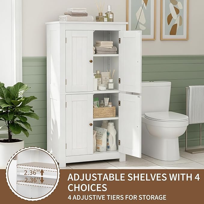 Karl home White Floor Storage Cabinet, Freestanding Storage Unit with 4 Doors, Thin Toilet Organizer for Small Spaces，for Entryway, Bathroom