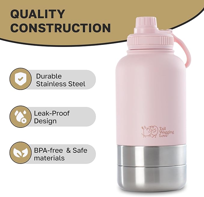32oz 3-in-1 Travel Water Bottle for Dogs & Humans, Dual Use, Stainless Steel, Keeps Water Hot 6hrs/Cold 12hrs, Leak-Proof with Detachable Food & Water Bowls, Perfect for Travel