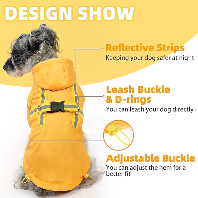PUPTECK Dog Raincoat with Hood & Harness Built-in, Waterproof Dog Rain Jacket Slicker Poncho Reflective Vest Clothes for Rainy Snowy Winter Cold Days, Yellow M