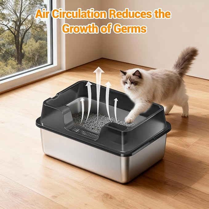Enclosed Stainless Steel Cat Litter Box with Lid Extra Large Litter Box for Big Cats XL Metal Litter Pan Tray with High Wall Sides Enclosure, Non-Sticky, Anti-Leakage, Easy Cleaning