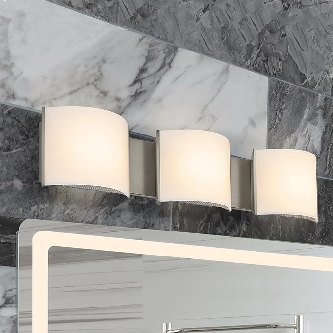 LED Wall Sconce Lights Indoor Sconces Wall Lighting LED Vanity Lights, Brushed Nickel 3 Light Bathroom Vanity Light Fixtures with White ABS Shade for Hallway Bedroom Living Room