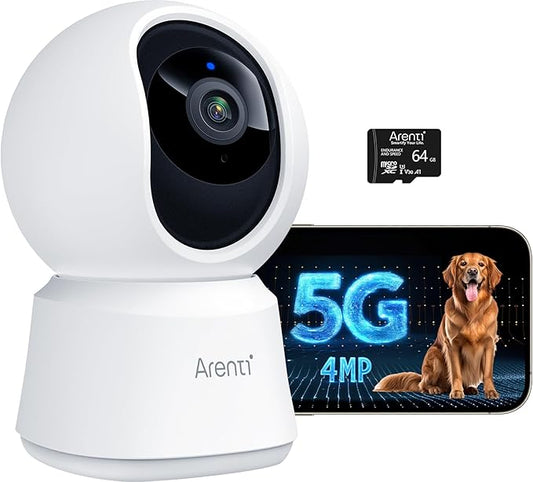 ARENTI 5G 4MP Pet Camera, No Subscription Indoor Security Camera for Dog/Cat/Baby, Free Phone App, Dual-Band WiFi, Auto Tracking, Super Night Vision, 2-Way Talk, 64G Local Storage(P2Q 64G 1PC)