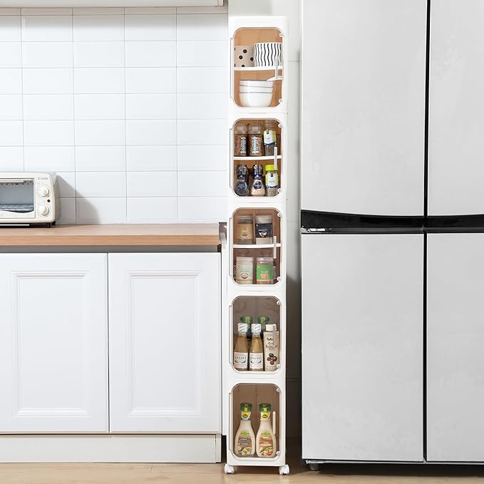 Narrow Bathroom Storage Cabinet with Wheels,3 -Tier Plastic Slim Organizer with Adjustable Shelves for Small Spaces,Bathroom, Kitchen, Milky White