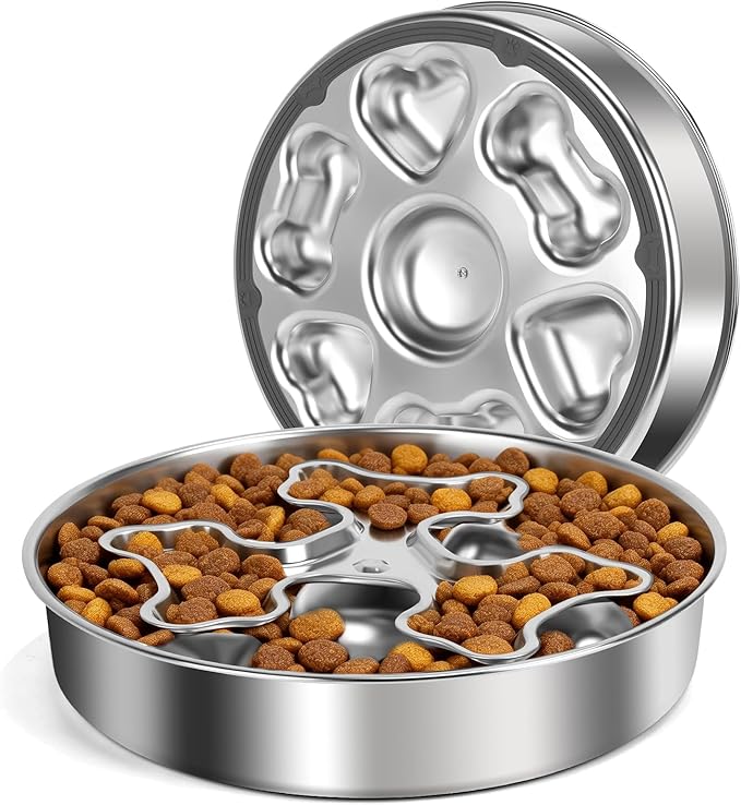 Slow Feeder Dog Bowl, Food Grade 304 Stainless Steel Dog Bowls, Heavy Duty with Non-Slip Rubber Base, 2 Cups Capacity Metal Pet Dish for Healthy Eating
