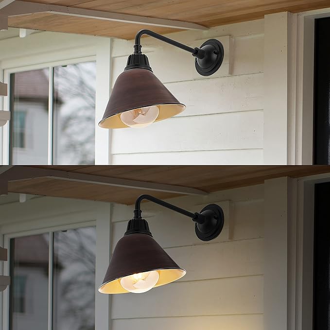 JONATHAN Y JYL7612G Croydon 9.63" 1-Light Farmhouse Industrial Indoor/Outdoor Iron LED Gooseneck Arm Outdoor Sconce Metal Bell Shade Vintage Cottage Rustic Porch Patio Yard Barn, Wood Finish/Copper