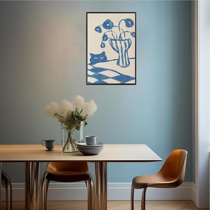 Funny Sneaky Cat Poster Scandi Animal Sketch Canvas Wall Art Blue Modern Abstract Flower Vase Aesthetic Prints Painting For Living Room Kitchen Dining Room Wall Decor 8x12in Framed