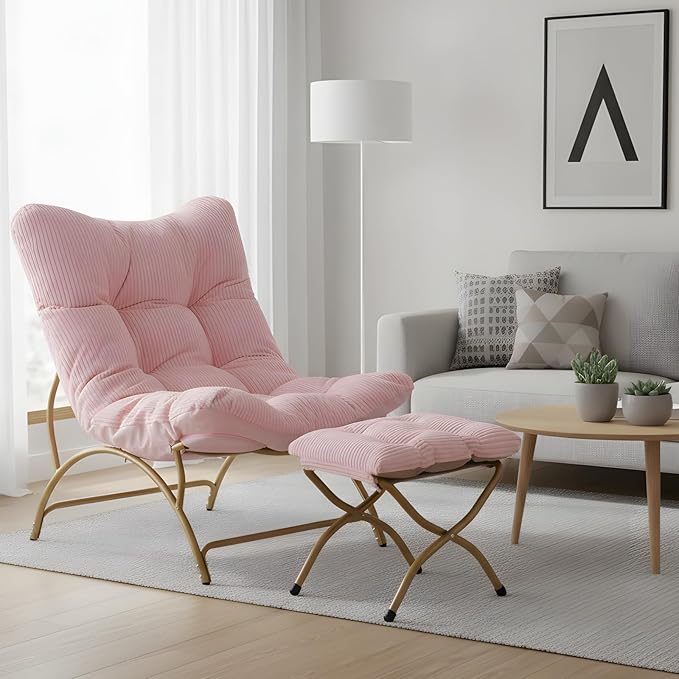 Welnow Modern Accent Chair with Ottoman, Upholstered Comfy Lounge Recliner Sofa, Thick Cushion Oversized Lazy Reading Chair with Footrest for Living Room, Bedroom, Apartment, Office, Dorm, Pink