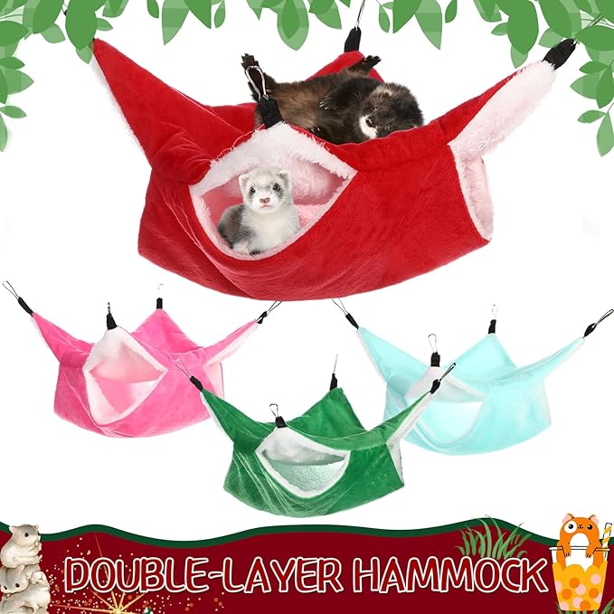 Nuogo 4 Pcs Rat Hammock for Cage Small Animal Hanging Ferret Hammocks for Rat Accessories Double Layer Ferret Bed for Guinea Pig Playing Sleeping (Red, Green, Rose Red, Turquoise,Classical)